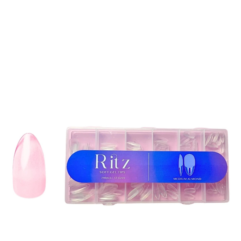 Гелеві тіпси для нарощування Ritz Soft Gel Tips 240pcs/12 sizes Medium Almond Гелеві тіпси для нарощування Ritz Soft Gel Tips 240pcs/12 sizes Medium Almond