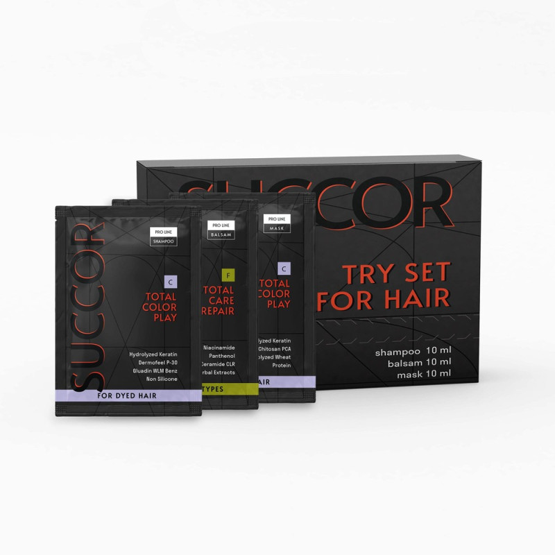 Набір пробників для догляду за фарбованим волоссям Succor Total Color Play Mini Set Набір пробників для догляду за фарбованим волоссям Succor Total Color Play Mini Set